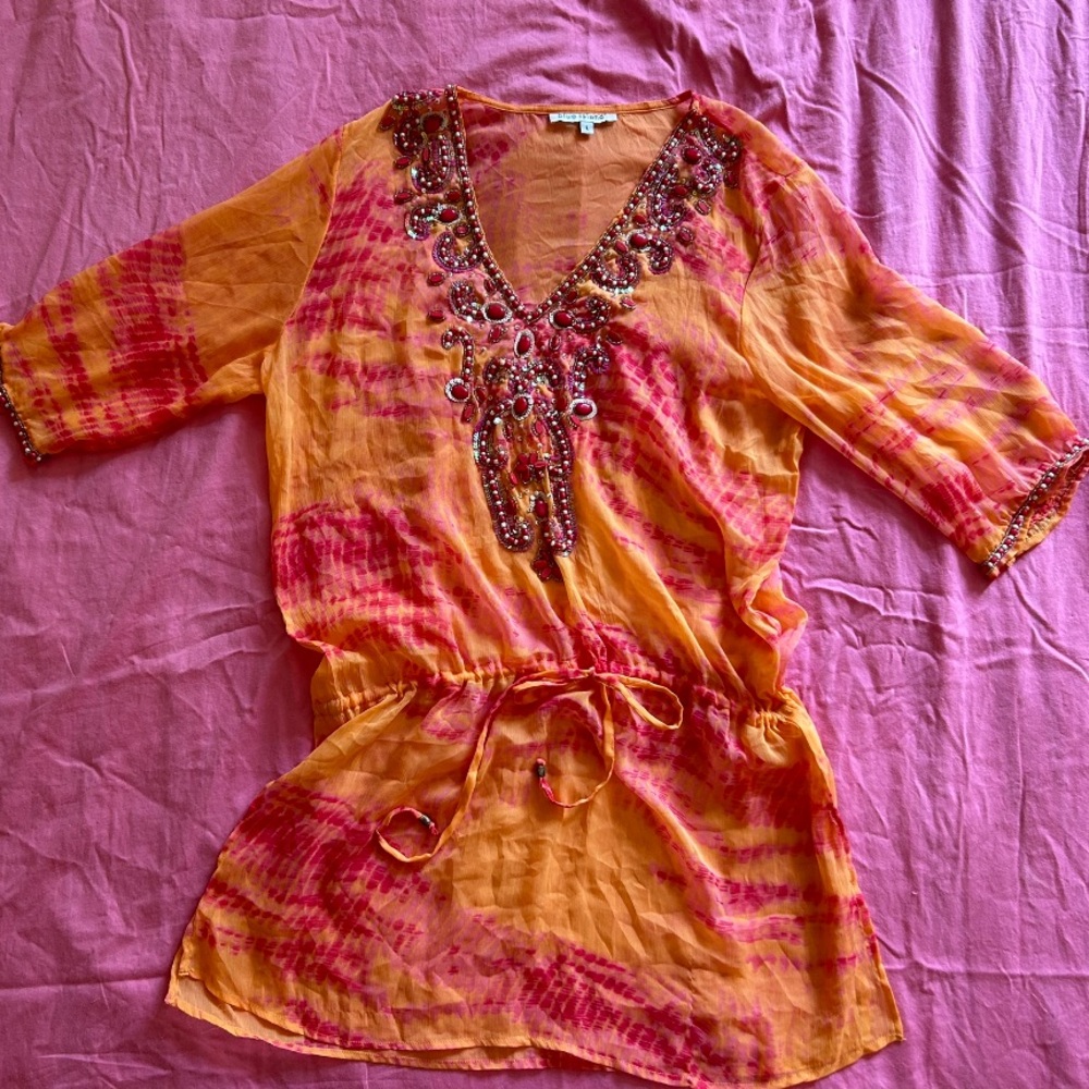 Amazing vintage “tie dye” drop waist V-neck cover-up, size large, by blue island
